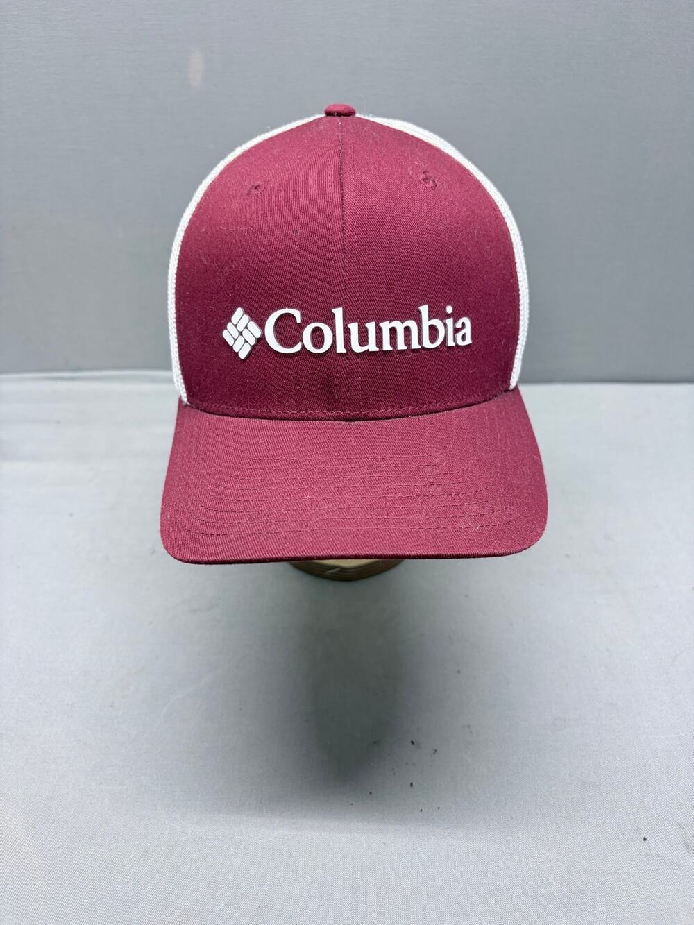 Columbia PFG Mesh Ball Cap Hat Maroon White Flexfit Fitted S/M Mountain Patch